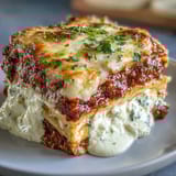 Freshly baked Worlds Best Lasagna slices on a ceramic platter, garnished with chopped basil and ready for a family dinner.