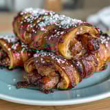 Flaky crescent-wrapped mini sausages served with tangy honey mustard dipping sauce for easy party snacks.