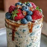 High fiber overnight oats topped with vibrant fresh berries and seeds.