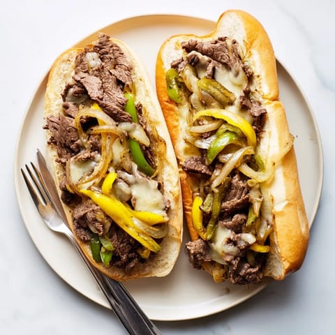 Two hands hold a warm Philly cheesesteak sandwich, showcasing melted cheese and sautéed onions spilling from the toasted bread.