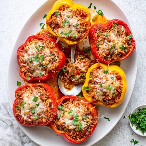 Bright bell peppers stuffed with savory ground beef, rice, and herbs, bubbling with mozzarella in a baking dish.