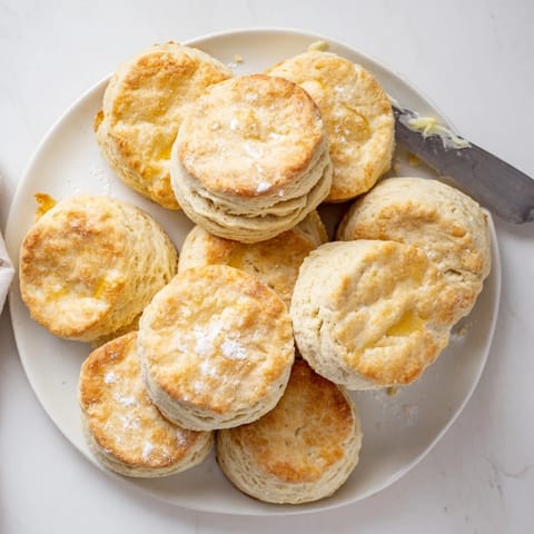 Freshly baked Buttermilk Biscuits rise tall and flaky on a rustic baking sheet, ready for breakfast.