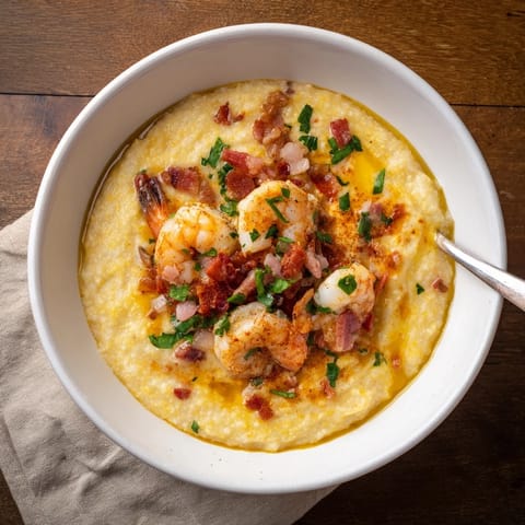 A bowl of Southern Shrimp and Grits featuring tender shrimp, bacon, and diced bell peppers over cheesy grits.