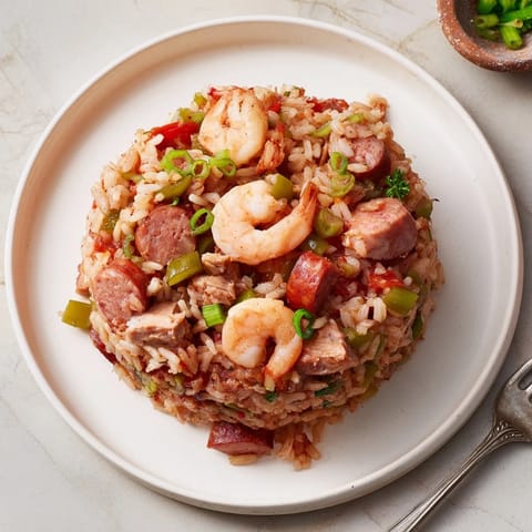 Jambalaya shows a hearty one-pot meal with shrimp peeking from fluffy rice.
