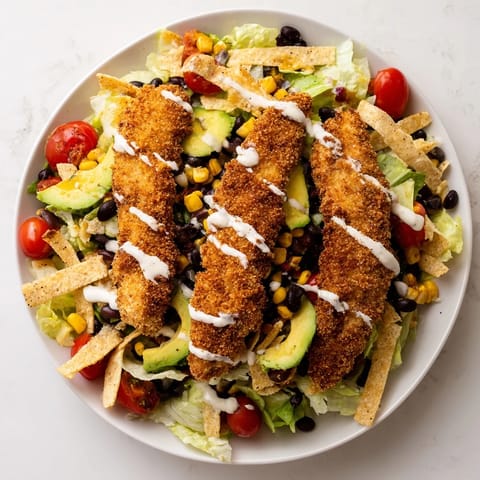 A close-up of Crispy Chicken Taco Salad showcases crunchy tortilla strips, shredded cheddar cheese, and fresh cherry tomatoes on a vibrant platter.  