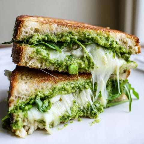 Spring Pea Pesto Grilled Cheese rests on a wooden board, showing the gooey mozzarella and fresh basil pesto between buttery toasted bread.