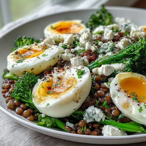 Hearty French Lentil Salad bursting with broccolini and jammy eggs.