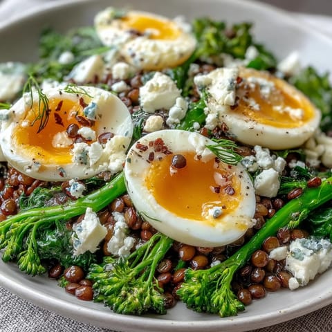 Savory French Lentil Salad, topped with crisp broccolini and perfectly cooked eggs.