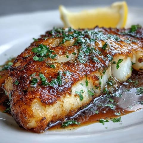 Golden flounder meunière fillets topped with nutty brown butter and fresh parsley.