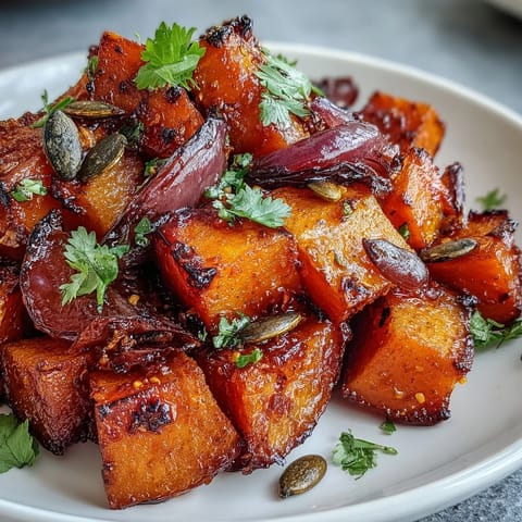 Hearty red kuri squash bowl, caramelized with maple, chili, and crunchy pepitas.