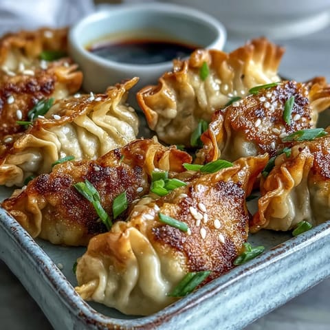 Golden-brown smashed gyozas with crispy bottoms, ready for dipping sauce.