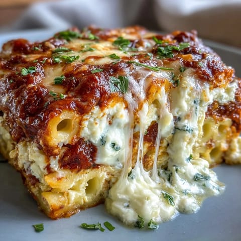 Cheesy baked ziti casserole bubbling hot and ready to serve after baking.