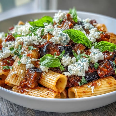 A vibrant Pasta Alla Norma bowl topped with salty ricotta salata.