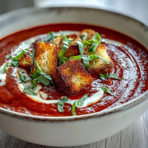 Golden roasted tomatoes and caramelized onion blended into a creamy roasted tomato soup, garnished with fresh basil and croutons.