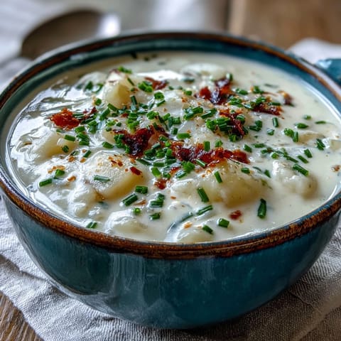 Creamy homemade Potato Leek Soup served hot, garnished with fresh chives and a swirl of cream in a rustic bowl.
