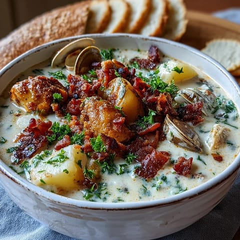 Homemade New England Clam Chowder topped with fresh parsley and diced bacon, served alongside crusty bread.