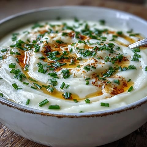 Smooth, velvety Cream of Potato Soup in a white bowl with a spoon, garnished with bacon and parsley.