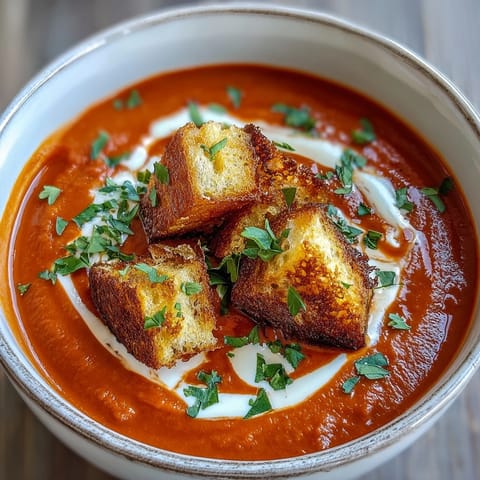 Roasted Red Pepper Soup is garnished with crispy croutons and a swirl of heavy cream, served on a rustic wooden table.