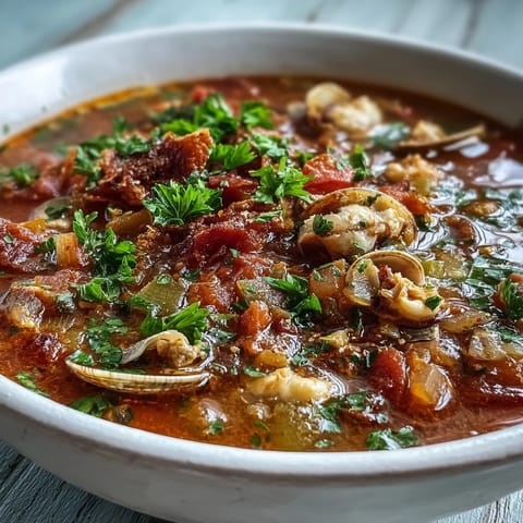 Rich tomato broth with clams and vegetables in a white ceramic bowl, perfect for cozy autumn meals.