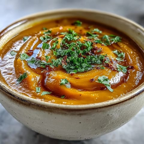 A vibrant bowl of Carrot and Lentil Soup topped with a swirl of coconut cream and parsley.