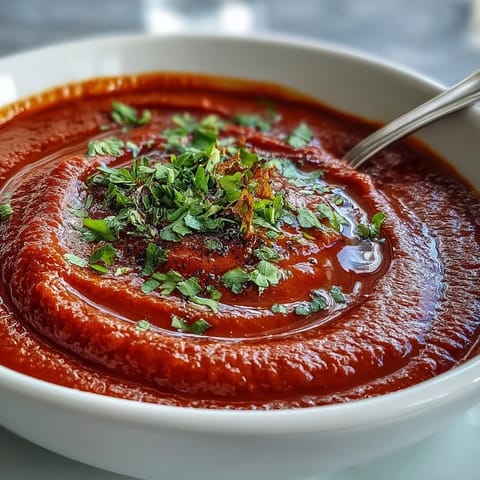 Roasted Red Pepper Soup served with crusty bread and a vibrant garnish, ready to enjoy.
