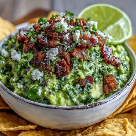 Creamy Bacon Guacamole with Cotija cheese is topped with crispy bacon crumbles and fresh cilantro in a rustic bowl.