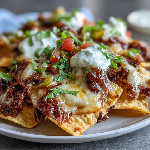 Freshly baked BBQ Beef Nachos topped with sour cream, jalapeños, and fresh cilantro on a rustic table.