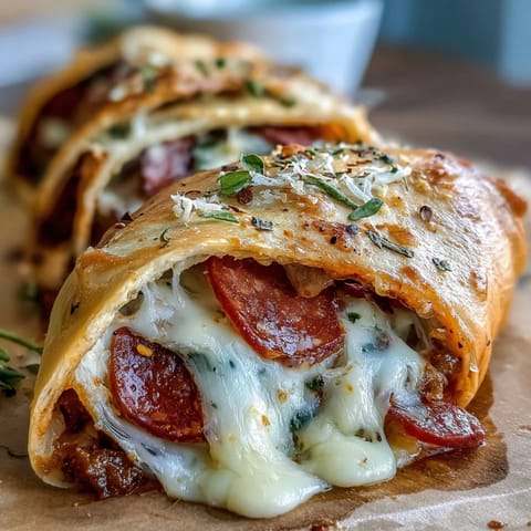 Freshly baked Irresistible High Protein Pepperoni Pizza Rolls on a wooden board, stuffed with melted mozzarella and pepperoni.