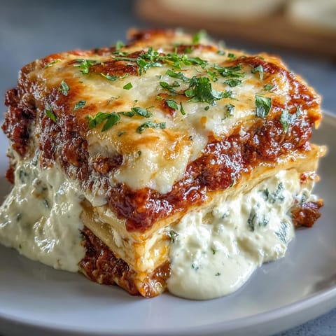 Freshly baked Worlds Best Lasagna slices on a ceramic platter, garnished with chopped basil and ready for a family dinner.