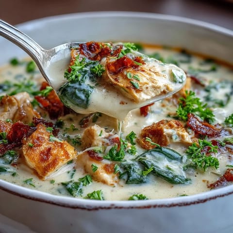 Chunks of tender chicken and wilted spinach swirl in this hearty Garlic Parmesan Chicken Soup.