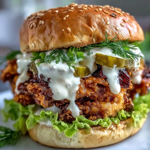A close-up of a Spicy Chicken Sandwich with Creamy Homemade Sauce, featuring juicy chicken, fresh lettuce, and pickles on a buttery bun.