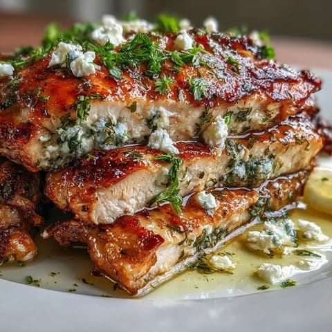 Tender Greek Chicken with Lemon and Feta garnished with crumbled feta in a skillet.