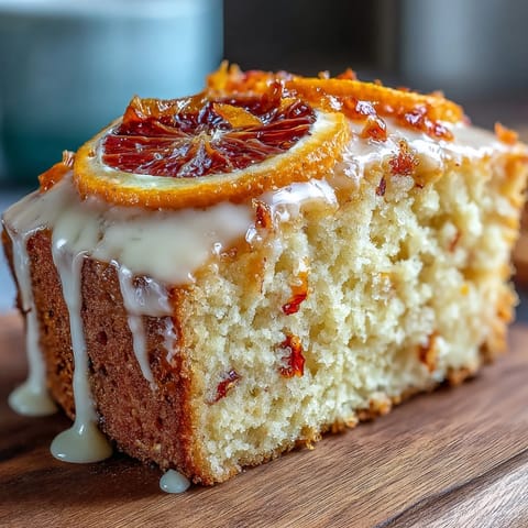 A glazed slice of Heavenly Blood Orange Yogurt Cake shows moist crumb and citrus zest.