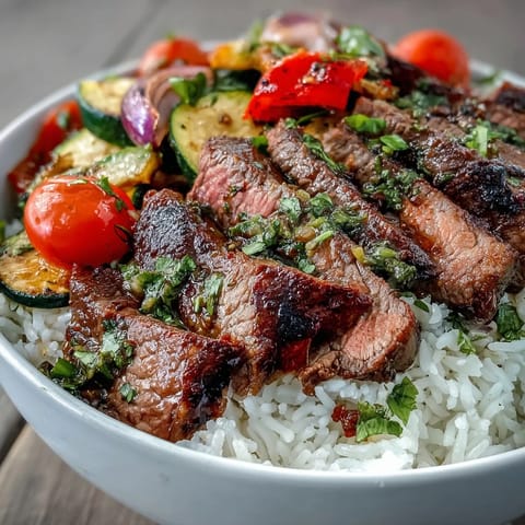 Juicy grilled steak slices and colorful roasted vegetables top fluffy rice in this easy Sheet Pan Steak and Veggie Bowl.