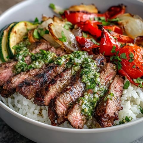 Sliced steak in a bowl over fluffy rice with roasted vegetables and vibrant chimichurri sauce.