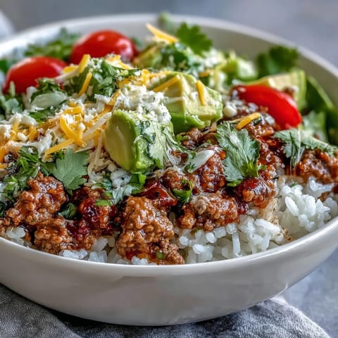 Freshly cooked ground turkey with taco seasoning sits atop fluffy white rice in a Turkey Taco Bowl.