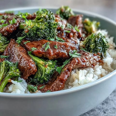 Fluffy white rice topped with saucy Beef and Broccoli Bowl garnished with green onions and sesame seeds.
