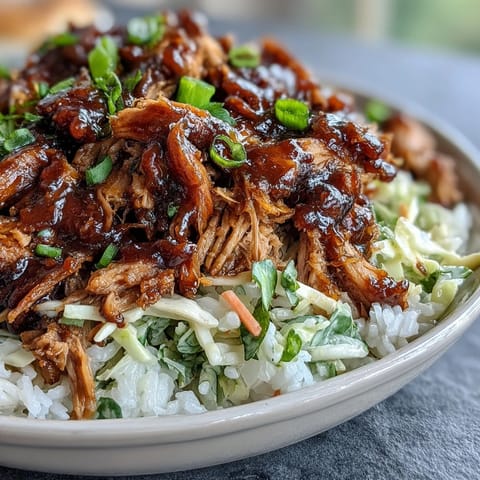 Tender pulled pork bowl with fluffy rice and smoky BBQ sauce drizzle on a plate