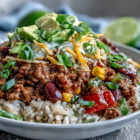 A hearty bowl of chili bowl base ladled over fluffy rice, topped with cheese, sour cream, and fresh cilantro.