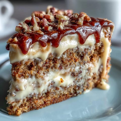 Moist spiced carrot and walnut layer cake with tangy cream cheese frosting, garnished with chopped walnuts and edible flowers.
