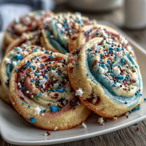 Vibrant, colorful sugar cookies with pastel swirls and sprinkles, inspired by Cookie Run Kingdom for a playful dessert table.  