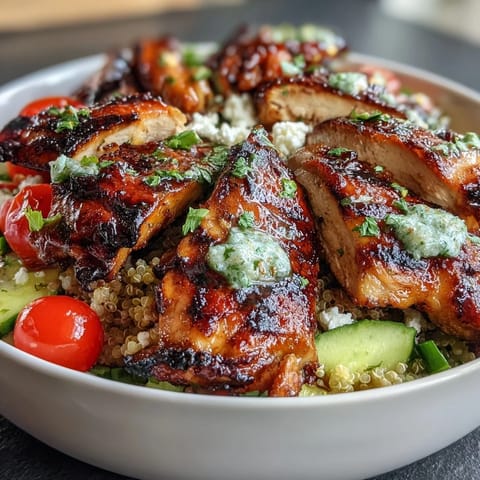 Grilled chicken and veggie bowl with lemon vinaigrette, featuring juicy chicken, fresh vegetables, and tangy dressing.