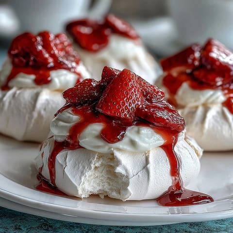 Mini pavlovas with strawberries and cream, crisp meringue shells topped with fluffy whipped cream and juicy fresh berries.