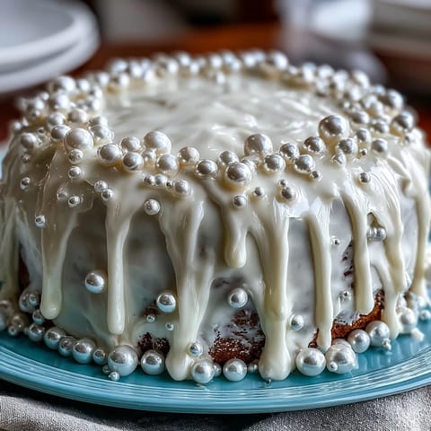 Moist vanilla sheet cake elegantly covered in shimmering pearl fondant for a Communion party.