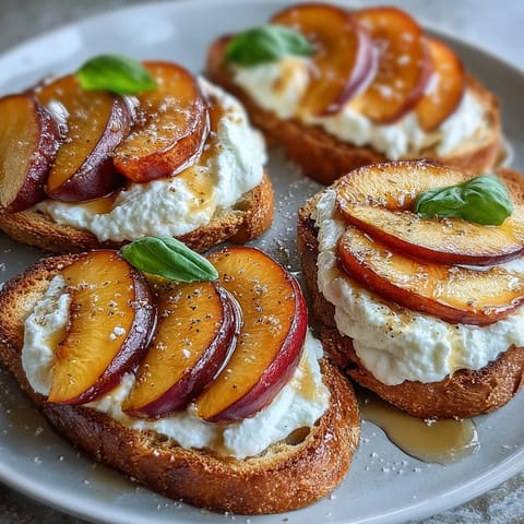 Creamy burrata and sweet peaches on golden sourdough toast, drizzled with honey and olive oil for a fresh spring brunch.
