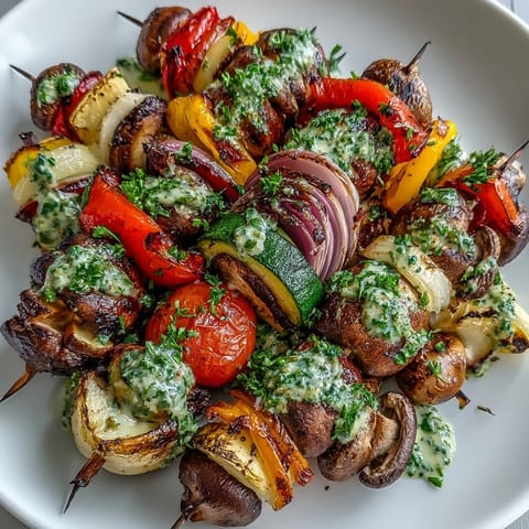 Colorful grilled vegetable skewers with chimichurri sauce, featuring vibrant summer veggies and fresh herb dressing for a healthy BBQ side.  