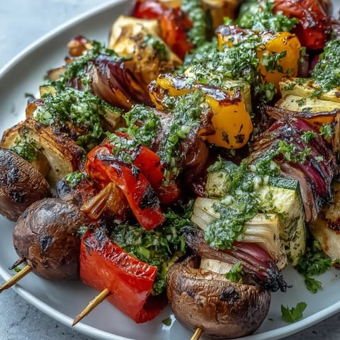 Juicy grilled vegetable skewers drizzled with chimichurri, showcasing smoky flavors and bright colors perfect for outdoor dining.  