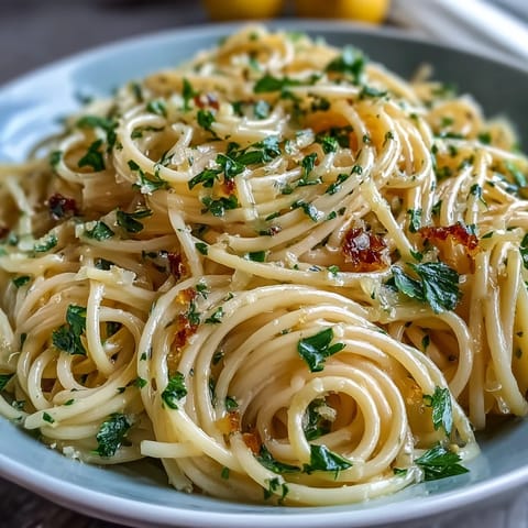 Creamy lemon butter pasta with fresh garlic and Parmesan, twirled on a fork in a glossy golden sauce.