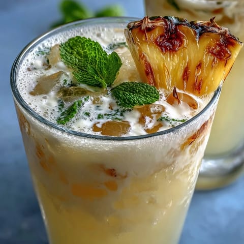 Pineapple Coconut Agua Fresca with fresh pineapple wedges and mint garnish in a clear glass pitcher.