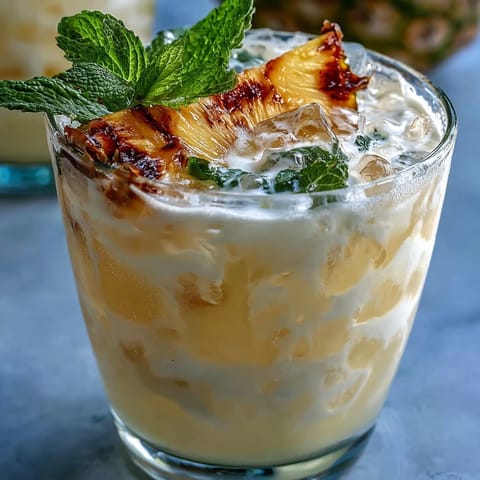 Tropical Pineapple Coconut Agua Fresca served over ice with a vibrant slice of pineapple on the rim.